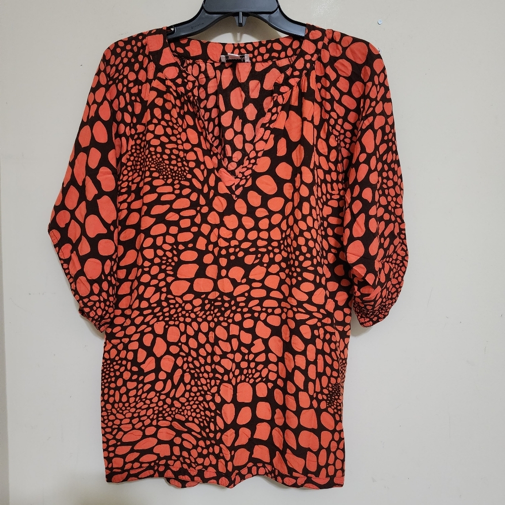 ESCAPADA size Small V Neck Soft Rayon Animal Print Casual Tunic Orange Brown - Picture 6 of 14